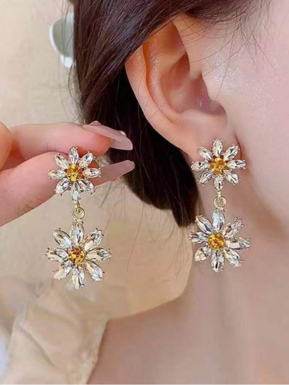 Gold Daisy Drop Earrings with Yellow Crystal Center - Women Jewelry